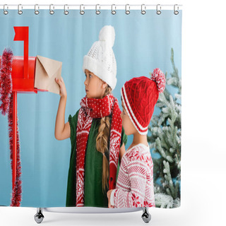 Personality  Girl In Winter Outfit Putting Envelope In Mailbox Near Brother Isolated On Blue Shower Curtains