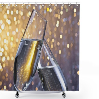 Personality  Champagne Flutes With Golden Bubbles On Light Bokeh Background Shower Curtains