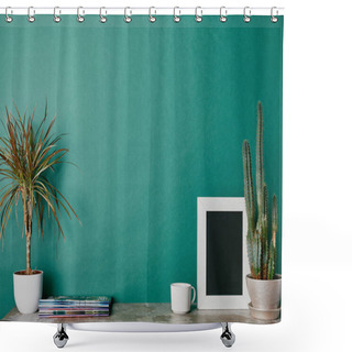 Personality  Plants, Photo Frame, Journals And Cup Of Beverage On Green Background Shower Curtains