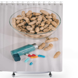 Personality  Glass Bowl With Nutritious Peanuts Near Blue Inhaler And Pills On Grey  Shower Curtains