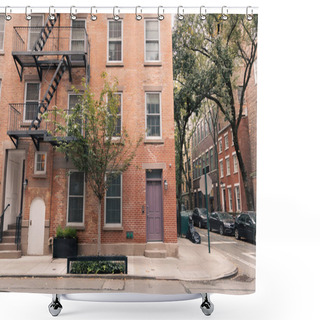 Personality  Facade Of Building With Fire Escape On Street In New York City Shower Curtains