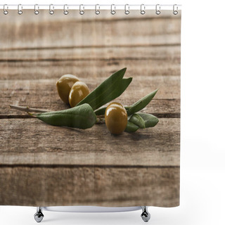 Personality  Olive Tree Branch And Green Olives On Wooden Surface Shower Curtains