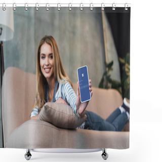Personality  Selective Focus Of Smartphone With Facebook In Hand Of Beautiful Woman Shower Curtains