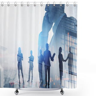 Personality  Side View Of Young Businessman Talking On Phone In Blurry City With Double Exposure Of His Team. Toned Image Shower Curtains