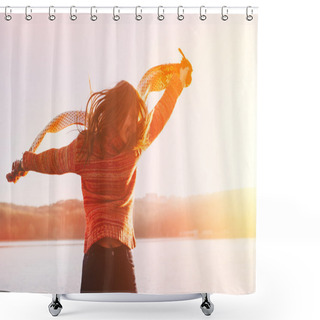 Personality  Silhouette Of Happy Teen Girl Jumping Shower Curtains