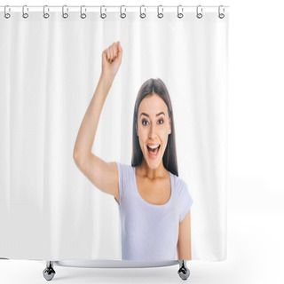 Personality  Portrait Of Excited Woman With Hand Up Looking At Camera Isolated On White Shower Curtains