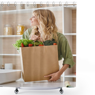 Personality  A Woman Holding A Grocery Bag Filled With Fresh Vegetables In A Kitchen. Shower Curtains