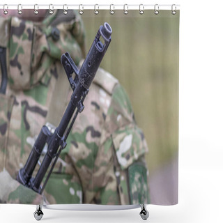 Personality  Close-up, Kalashnikov Assault Rifle, On The Chest Of A Military Man. There Is A Tint Shower Curtains