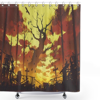 Personality  Big Bare Trees With Flying Birds In Sunset Sky Shower Curtains