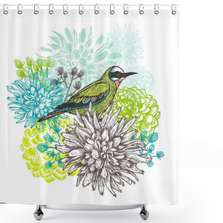 Personality  Vector Illustration Of A Little Bird And Blooming Dahlia Flowers Shower Curtains