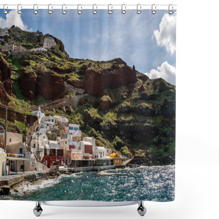 Personality  SANTORINI, GREECE - APRIL 10, 2020: White Houses On Hill Near Aegean Sea Against Sky With Clouds  Shower Curtains