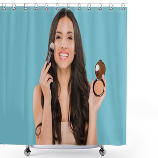 Personality  Cheerful Woman Holding Face Powder And Cosmetic Brush Isolated On Blue  Shower Curtains