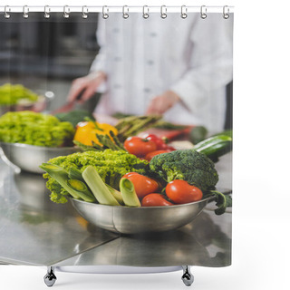 Personality  Cropped Image Of Chef Cooking At Restaurant Kitchen With Vegetables On Foreground Shower Curtains