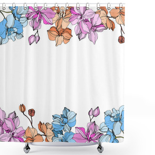 Personality  Vector Pink, Orange And Blue Orchids. Wildflowers Isolated On White. Engraved Ink Art. Floral Frame Border  Shower Curtains