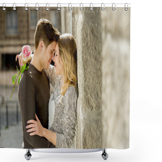 Personality  Beautiful Couple In Love Kissing On Street Alley Celebrating Valentines Day Shower Curtains