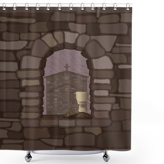 Personality  View From The Arched Stone Window Of The Medieval  Church In Visigoths Style And Cup Of Wine With Black Bread, Vector Illustration Shower Curtains