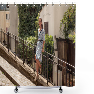 Personality  French Woman Relaxes On Montmartre Hill In Paris - CITY OF PARIS, FRANCE - JULY 29, 2019 Shower Curtains