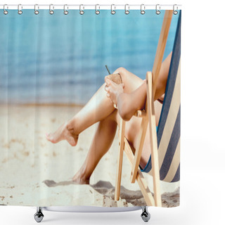 Personality  Cropped Image Of Woman Holding Cocktail In Coconut Shell And Laying On Deck Chair On Sandy Beach  Shower Curtains