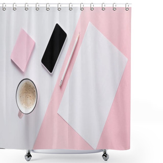 Personality  Flat Lay With Smartphone, Cup Of Coffee, Blank Paper And Sticky Notes Shower Curtains