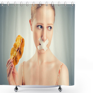 Personality  Diet Concept. Woman Mouth Sealed With Duct Tape With Buns Shower Curtains