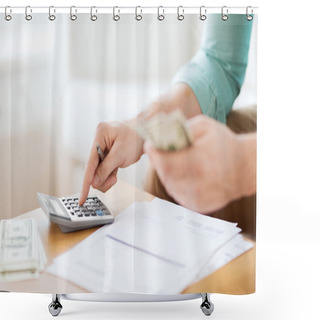 Personality  Close Up Of Man Counting Money And Making Notes Shower Curtains