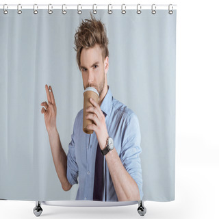 Personality  Tired Businessman Holding Cigarette And Drinking From Paper Cup Isolated On Grey  Shower Curtains