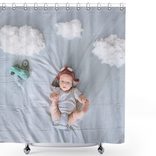 Personality  Top View Of Adorable Infant Child In Knitted Pilot Hat With Toy Plane Surrounded With Clouds Made Of Cotton In Bed Shower Curtains