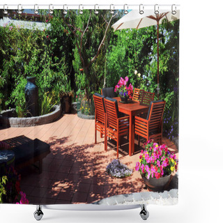 Personality  Beautiful Summertime Mediterranean Style Courtyard Garden Setting. Shower Curtains