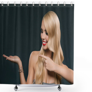 Personality  Beautiful Smiling Woman Pointing And Presenting At Something, Isolated On Black Shower Curtains