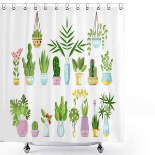 Personality  Set Of Flat Style Colorful Houseplants In Pots Standing In Line. Home Decorative Plants. Vector Collection Of Indoor Flowers, Design Elements Isolated On White. Shower Curtains
