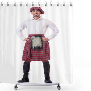 Personality  Concept With Funny Scotsman Isolated On White Shower Curtains
