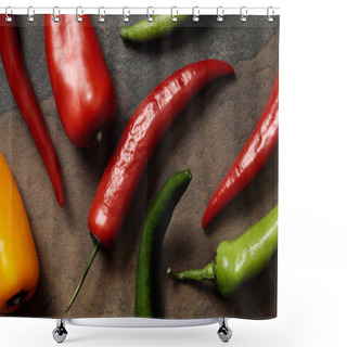 Personality  Top View Of Mexican Spicy Chili Peppers On Stone Table Shower Curtains