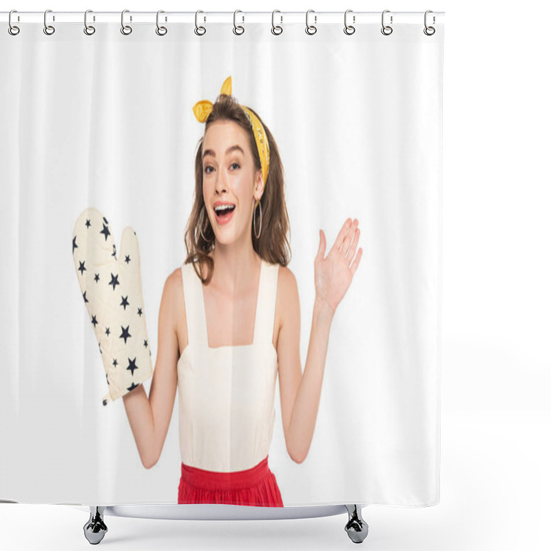 Personality  Young Excited Housewife In Dress And Apron Holding Oven Mitten Isolated On White Shower Curtains