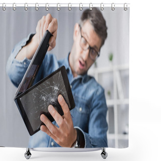 Personality  Surprised Businessman Disassembling Smashed Digital Tablet On Blurred Background Shower Curtains