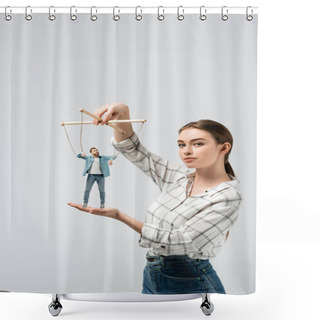 Personality  Female Puppeteer Holding Male Marionette Isolated On Grey Shower Curtains