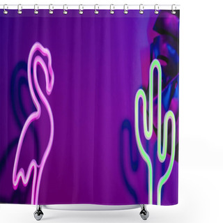 Personality  Summer Time With Pink Flamingo, Cactus And Monstera Leaf With Ne Shower Curtains