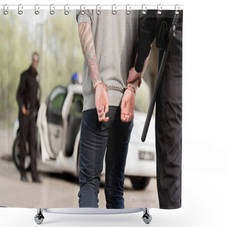 Personality  Cropped Image Of Policewoman Walking With Criminal In Handcuffs While Partner Waiting Them Near Car  Shower Curtains