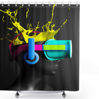Personality  Head With Colorfull VR Headset And Yellow Explosion Splash On Black Background. 3 D Rendering Shower Curtains