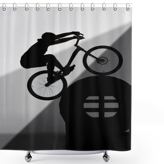Personality  Silhouette Of Trial Biker Balancing On Tractor Wheel On Grey Shower Curtains