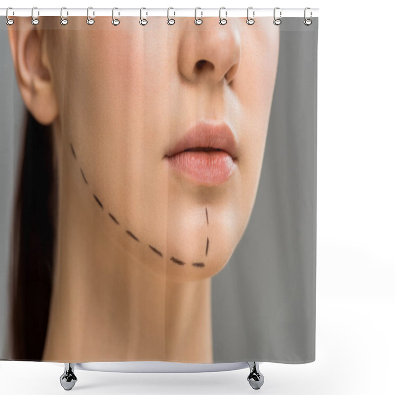 Personality  Cropped View Of Young Woman With Marks On Face Isolated On Grey  Shower Curtains