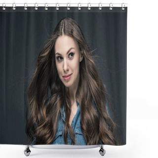 Personality  Portrait Of Pretty Girl With Long Hair, Isolated On Grey Shower Curtains