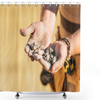 Personality  Cropped Image Of Construction Worker Holding Stones In Hand Palms  Shower Curtains