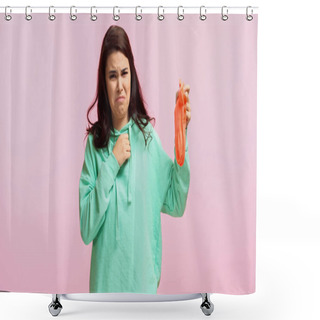 Personality  Young And Disgusted Woman In Turquoise Hoodie Holding Stinky Socks Isolated On Pink  Shower Curtains