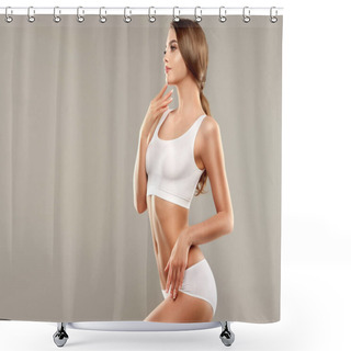 Personality  Perfect Slim Toned Young Body Of The Girl . An Example Of Sports , Fitness Or Plastic Surgery And Aesthetic Cosmetology. Shower Curtains