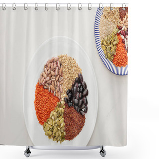 Personality  Top View Of White And Striped Plates With Raw Lentil, Quinoa, Oatmeal, Beans And Pumpkin Seeds On Marble Surface Shower Curtains