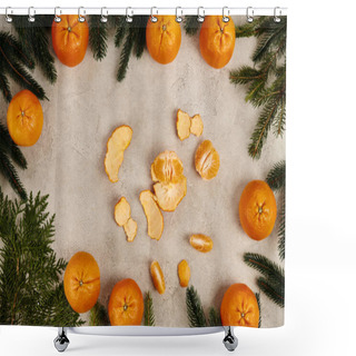 Personality  Pilled Mandarins In Frame Of Juniper And Pine Branches On Grey Textured Backdrop, Christmas Shower Curtains
