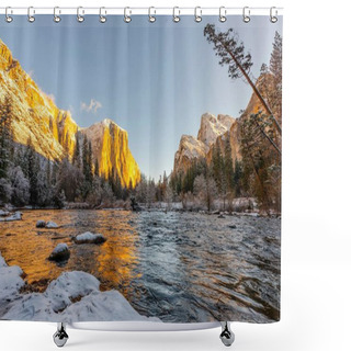 Personality  Winter's Serenity: Post-Snowstorm Yosemite National Park Views From Merced River, California, USA, Captured In Breathtaking 4K Shower Curtains