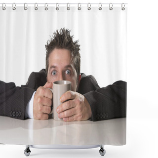 Personality  Addict Businessman In Suit And Tie Holding Cup Of Coffee As Maniac In Caffeine Addiction Shower Curtains