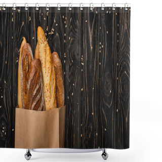 Personality  Top View Of Fresh Baked Baguette Loaves In Paper Bag On Wooden Black Surface Shower Curtains