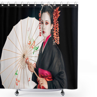 Personality  Geisha In Black Kimono With Red Flowers In Hair Holding Traditional Asian Umbrella Isolated On Black Shower Curtains